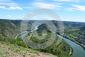 Bremm, Germany - 08 20 2020: Calmont view with the three villages in Mosel valley