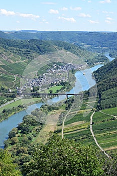 Bremm, Germany - 08 20 2020: narrow Mosel Ediger-Eller with a ship