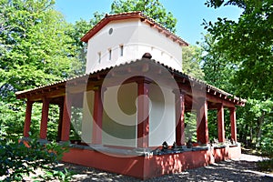 Bremm, Germany - 08 20 2020: Roman temple on the Calmont, back and side