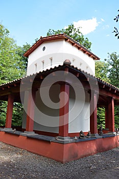 Bremm, Germany - 08 20 2020: Roman temple on the Calmont, backside corner