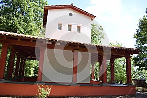 Bremm, Germany - 08 20 2020: Roman temple on the Calmont, cliff side