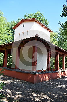 Bremm, Germany - 08 20 2020: Roman temple on the Calmont with stone piles