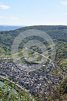 Bremm, Germany - 08 20 2020: view from Calmont to Bremm with the steep road through the vineyards to the Eifel