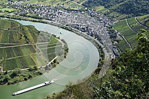 Bremm, Germany - 08 20 2020: view from Calmont to the Mosel with a ship passing Bremm