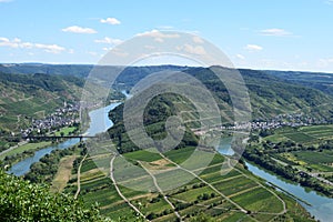 Bremm, Germany - 08 20 2020: view from Calmont to the Mosel vineyards and villages