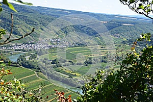 Bremm, Germany - 08 20 2020: view from Calmont towards Faid with the Mosel bridge