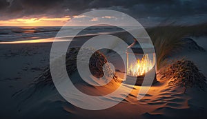 Brennende Kerzen am Strand. Generative AI