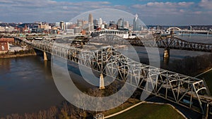 Brent Spence Bridge Undergoing Repairs + Skyline - Ohio River - Cincinnati, Ohio and Covington, Kentucky