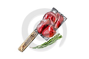 Bresaola dried beef meat sliced on a cleaver. Isolated on white background, Top view.