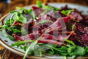 Bresaola, Dried Italian Beef, Salted Veal Slices, Bresaola, Venison or Pork with Greens