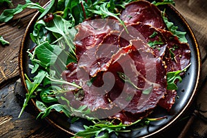 Bresaola, Dried Italian Beef, Salted Veal Slices, Bresaola, Venison or Pork with Greens