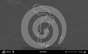 Brest District outlined, Belarus. Grayscale