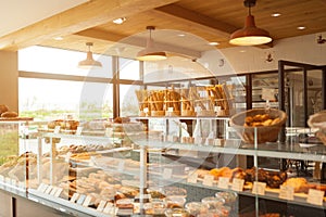 Brest, France 28 May 2018 Modern bakery with different kinds of bread, cakes and buns