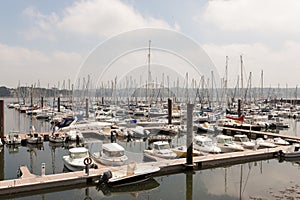 Brest, France 28 May 2018 Panoramic outdoor view of sete marina Many small boats and yachts aligned in the port. Calm water and bl