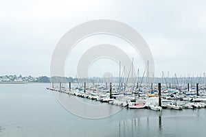 Brest, France 28 May 2018 Panoramic outdoor view of sete marina Many small boats and yachts aligned in the port. Calm water and bl