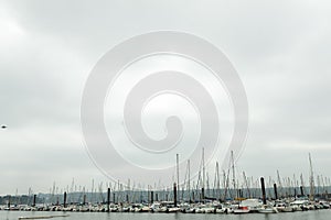 Brest, France 28 May 2018 Panoramic outdoor view of sete marina Many small boats and yachts aligned in the port. Calm water and bl