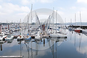 Brest, France 28 May 2018 Panoramic outdoor view of sete marina Many small boats and yachts aligned in the port.