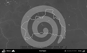 Brest Region outlined, Belarus. Grayscale