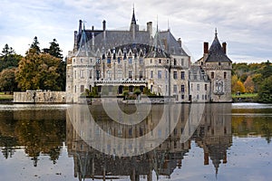 Bretesche medieval castle as seen from the pond. Missillac commune in Loire-Atlantique region of France