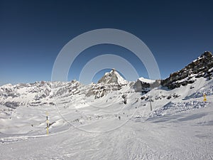 Breuil Cervinia, Italy. Ski helmet point of view. Skier POV. Amazing view at Cervino or Matterhorn