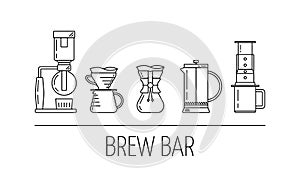 Brew bar. Set vector black line icons of coffee brewing methods. Siphon, pour over, chemex, french press, aeropress. Flat design.