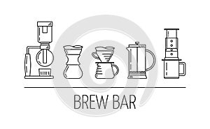 Brew bar. Set of vector black linear icons about coffee brewing methods. Siphon, pour over, french press, aeropress. Flat design.