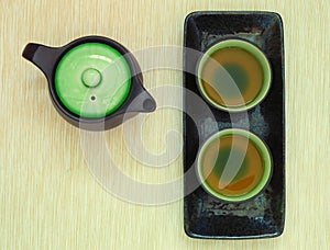 Brewed and healthy Japanese green tea served in traditional hohin and shiboridashi dishes