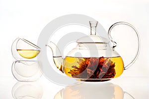 Brewed tea flower in a glass teapot