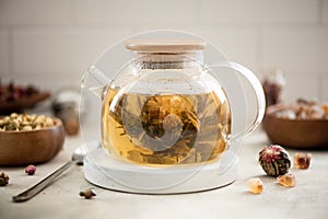 brewed tea flower in a glass teapot