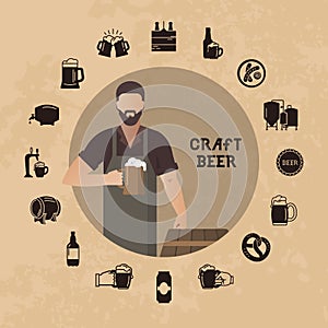 Brewer own brewery with a beer in the hand demonstrating beer near barrels in vector illustration