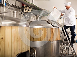Brewer pouring malted grain from bag into fermenter to produce beer