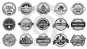 Brewery beer badges. Craft beers emblems, hop lager and pub hops badge isolated vector illustration set