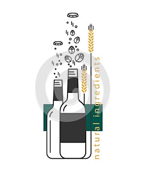 Brewery, craft beer, alcohol shop, pub sign. Vector icon with beer bottle, hop, wheat.