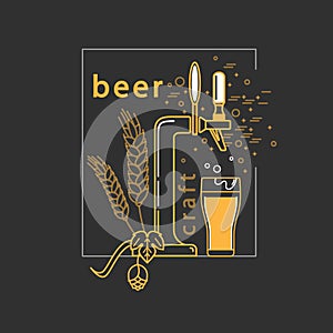 Brewery, craft beer label, alcohol shop, pub icon. Vector symbol in modern line style with beer tap, hop, wheat and beer glass.