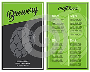 Brewery craft beer menu flyer grey and green hop modern design