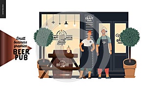 Brewery, craft beer pub - small business graphics - a bar facade and owners