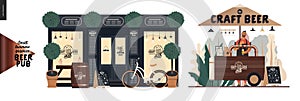 Brewery, craft beer pub - small business graphics - a bar facade and vending cart