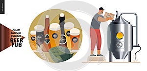 Brewery, craft beer pub - small business graphics - brewing process and some beer