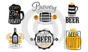 Brewery Craft Beer Retro Labels Set, Oktoberfest Design Templates Hand Drawn Vector Illustration