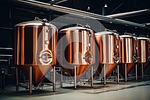 Brewery Equipment, Brew Beer Manufacturing, Round Cooper Storage Tanks, Generative AI Illustration