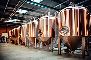 Brewery Equipment, Brew Beer Manufacturing, Round Cooper Storage Tanks, Generative AI Illustration