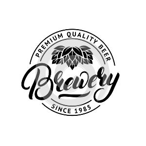 Brewery hand drawn lettering logo, label, badge, emblem with hop.