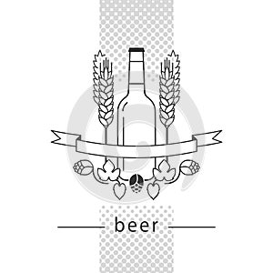 Brewery logo, beer label, liquor store, pub, craft beer. Vector icon with beer bottle, hop, wheat and ribbon.