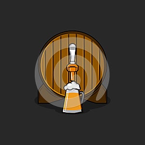 Brewery logo mockup, old wooden barrel with bronze tap and glass mug with foam of beer, front round shape keg view isolated on