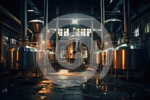 Brewery. Modern beer plant with brewering kettles, tubes and tanks made of stainless steel