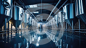 Brewery. Modern beer plant with brewering kettles, tubes and tanks made of stainless steel