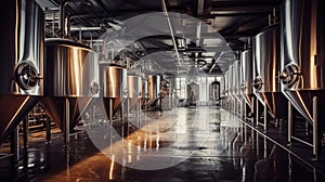 Brewery. Modern beer plant with brewering kettles, tubes and tanks made of stainless steel