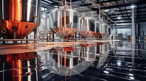 Brewery. Modern beer plant with brewering kettles, tubes and tanks made of stainless steel