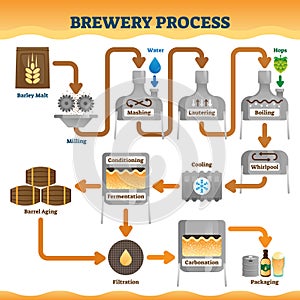 Brewery process vector illustration. Labeled beer ale making process scheme