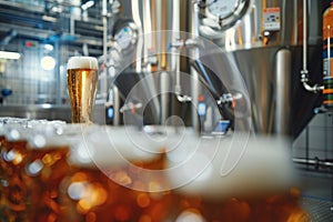 Brewery production line with fresh beer in glasses. Alcoholic drink manufacturing process.